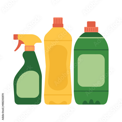An illustration of three colorful cleaning product bottles on a white background