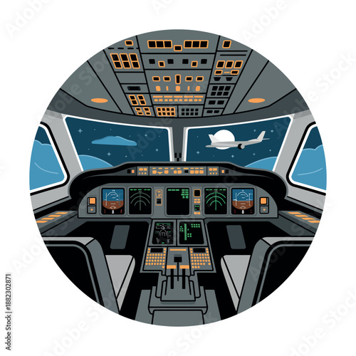 The interior of a modern airplane cockpit with a stunning view of the night sky and a plane flying outside