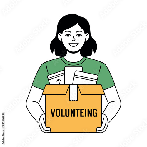 A smiling woman holding a cardboard box labeled volunteering with books and papers inside.