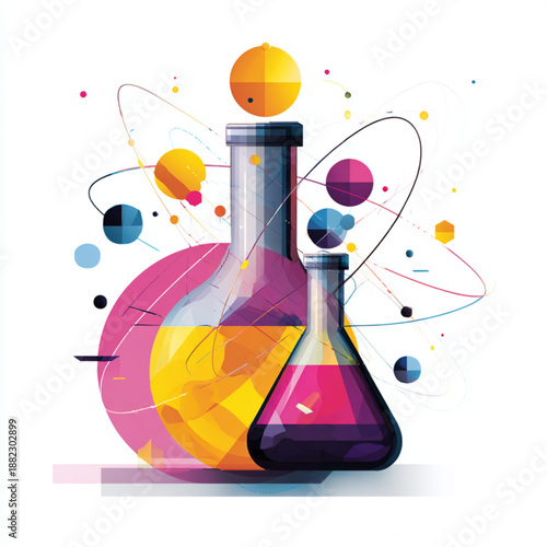 Colorful chemistry lab glassware equipment.