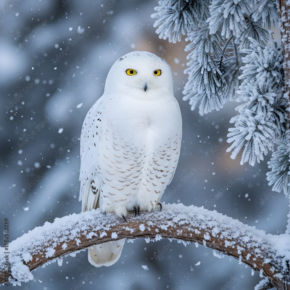 Obraz premium Snowy owl perched on a branch covered in snow during a winter snowfall scene outdoors