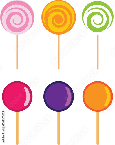 Set of colorful lollipops vector illustration with swirl and solid candy designs