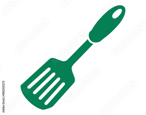A green spatula with a handle on a white background, used for cooking and flipping food