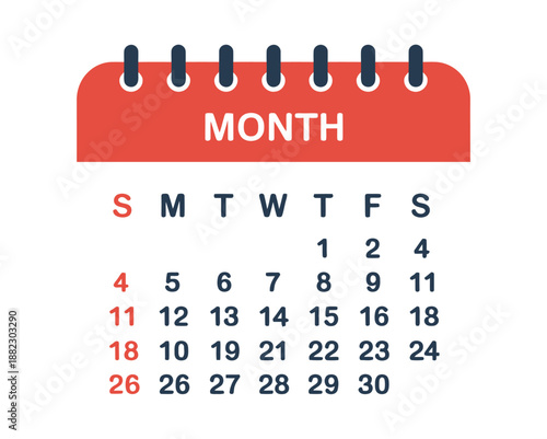 A calendar page showing a month with days of the week and dates marked