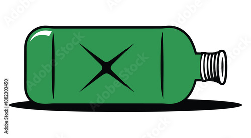 A green bottle with a black X marked on it lies on its side against a white background