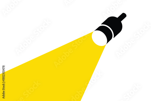 A spotlight shines brightly on a white background with a yellow beam of light
