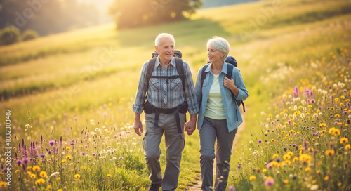 Senior couple hiking in a meadow with backpacks. Happy elderly man and woman walking outdoors holding hands. Active retirement lifestyle