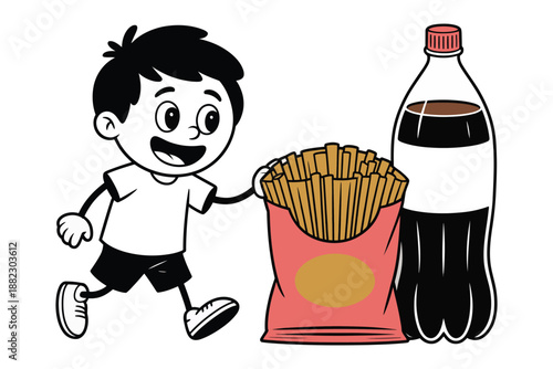 A happy cartoon boy running with a bag of french fries and a bottle of soda