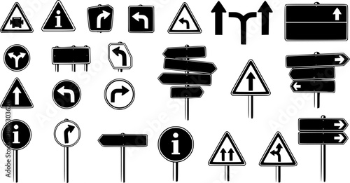 Set of black and white road signs featuring various shapes and directional arrows and information signs in modern style