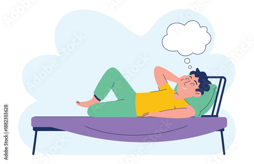 A man lies on a bed with a thought bubble above his head, lost in deep contemplation and relaxation.