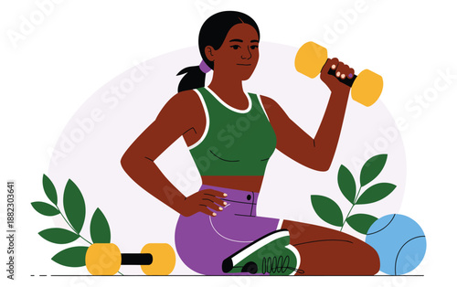 A fit woman exercising with dumbbells in a serene outdoor setting with green leaves and colorful equipment.