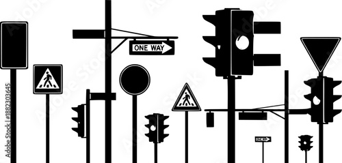 Minimalist black silhouettes of urban city street signs and traffic lights for design silhouette vector illustration white background