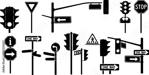 Minimalist black silhouettes of urban city street signs and traffic lights for design silhouette vector illustration white background
