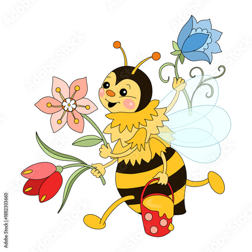 Pretty bee running and carries flowers and bucket of honey.