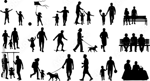 People different ages doing outdoors activities with various poses in public park vector silhouettes. People all ages playing in park family bonding leisure time black silhouette set