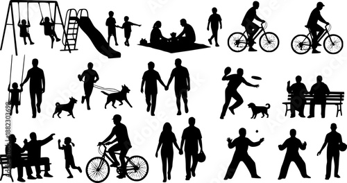People different ages doing outdoors activities with various poses in public park vector silhouettes. People all ages playing in park family bonding leisure time black silhouette set