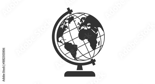 Black and white illustration of a globe on a stand.