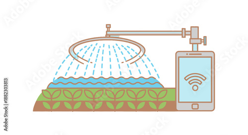 Smart irrigation system with mobile phone control and sprinkler.