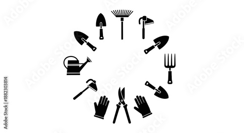 Gardening Tools Silhouettes Arranged in a Circle.