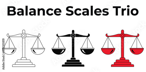 A trio of balance scales in different colors on a white background