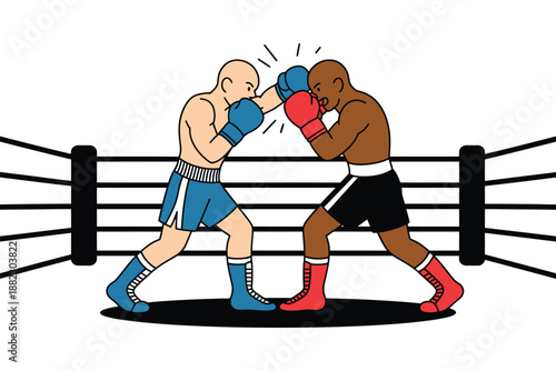 Two boxers fighting in a ring with intense punches