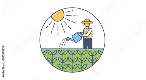 Farmer watering plants in a sunny field.