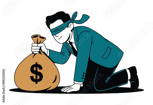 A cartoon man in a suit kneels down blindfolded while holding a money bag with a dollar sign on it.