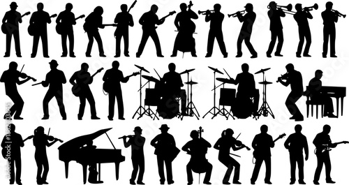 Large group silhouettes set of musicians playing various musical instruments vector collection.
