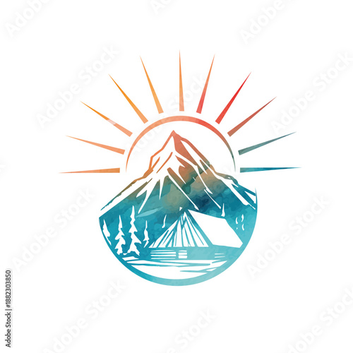 Mountain and sun logo color. Hand drawn. Not AI, vector illustration.