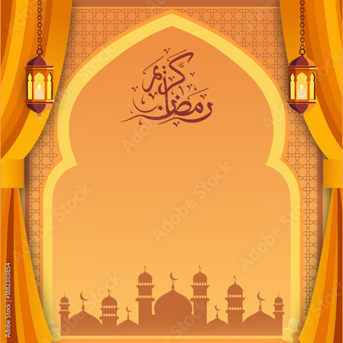 Ramadan Kareem Grand Mosque Archway with Golden Glow Hanging Lanterns and Crescent Moon Creating Majestic Islamic Night Scene for Holy Month Celebration and Spiritual Background