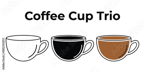 A trio of coffee cups in different colors on a plain background