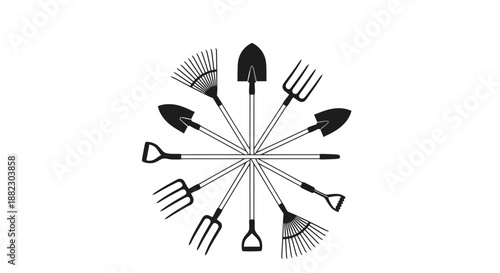 Gardening tools arranged in a circular pattern.