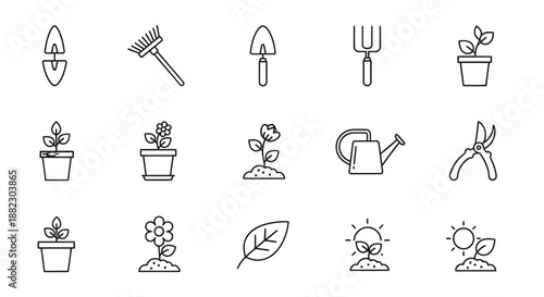 Collection of simple line icons representing gardening tools and plants.