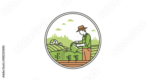 Farmer working in the field with a hoe and hat.