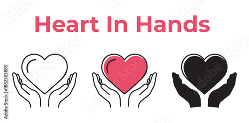 A graphic illustration of hands holding hearts in different colors and styles