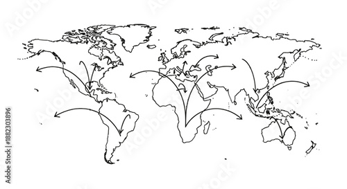 Global Map with Migration Routes and Arrows Indicating Movement.