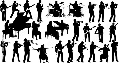 Large group silhouettes set of musicians playing various musical instruments vector collection.
