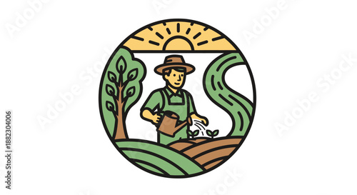Farmer tending to plants in a garden under a sunny sky.