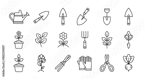 Gardening Tools and Plants Line Icons Set.