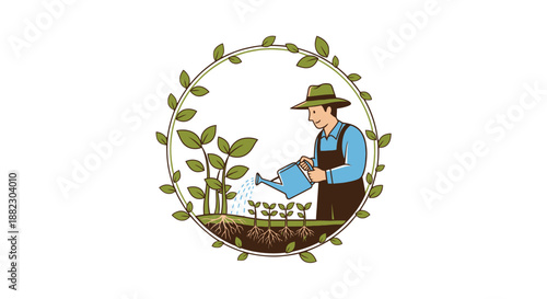 Farmer watering young plants in a circular garden illustration.