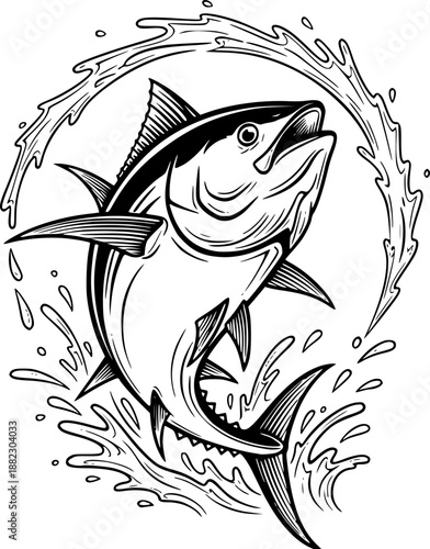 Majestic tuna fish leaps upwards in monochrome graphic illustration design
