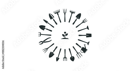 Gardening tools arranged in a circular pattern around a sprouting plant.