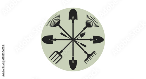 Gardening tools arranged in a circular pattern on a green background.