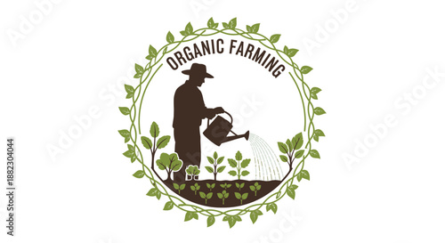 Organic Farming Logo with Farmer Watering Plants Silhouette Design.