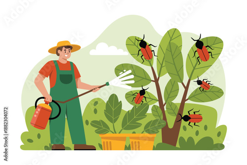 A cartoon gardener spraying insecticide on a plant infested with red and black bugs in a garden setting.