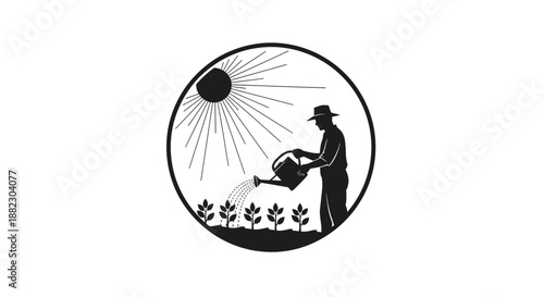 Man watering plants in a circular garden scene.