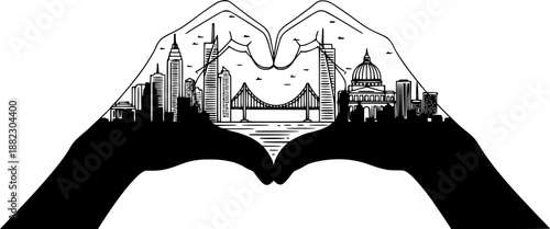 Heart Hands City Skyline Vector - Black White Urban Community Love Civic Pride Architecture Hand Gesture Line Art Illustration on White Background
