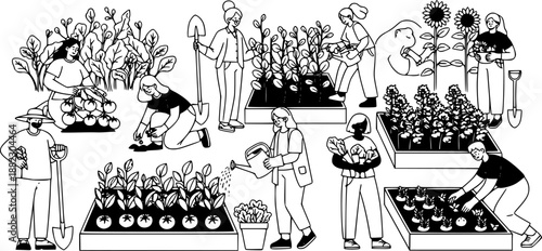 Community Garden Vector - Black White Urban Agriculture People Planting Growing Sustainability Botanical Volunteer Illustration on White Background
