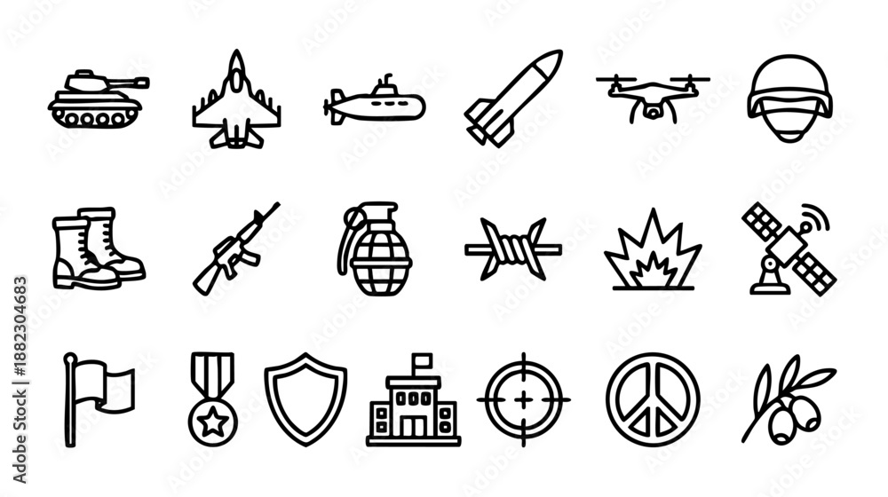 Fototapeta premium Military and war line icons set. Vector collection of army symbols including tank, weapon, drone, soldier gear, explosion, and peace signs. Simple outline style isolated on white background. 