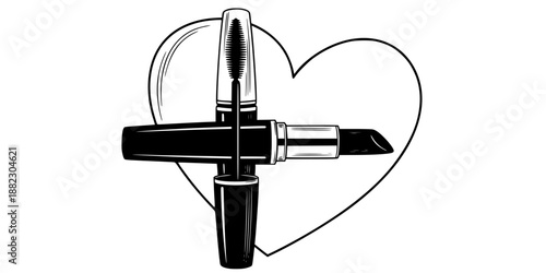 Makeup cosmetics lipstick and mascara beauty vector illustration black and white